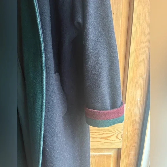 Cabin Creek Navy and Green Wool Trench Coat with Hood Burgundy Accents Size 6 - Picture 6 of 10